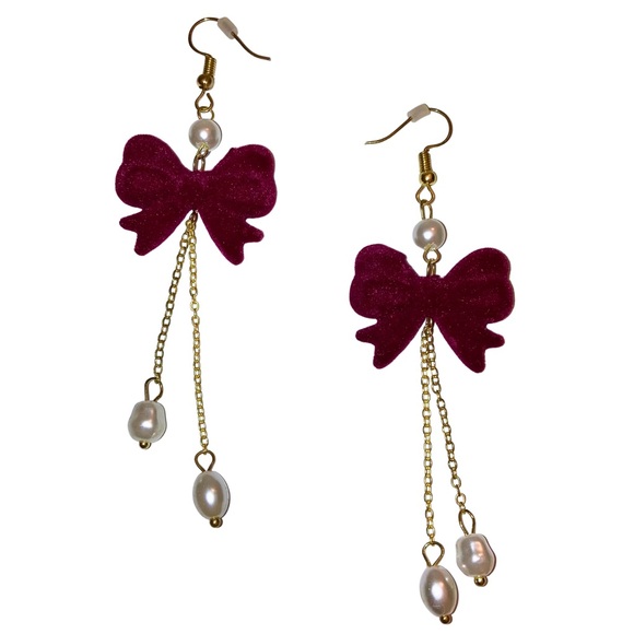 None Jewelry - Burgundy Bow Pearl Dangling Statement Earrings Whimsy Coquette Spring Jewelry